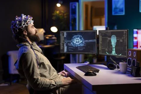 IT specialist using high tech gear to chat with AI robot Stock Photos