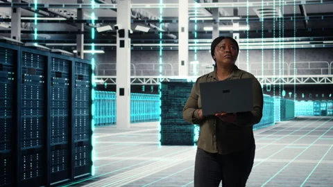 IT specialist walks through data center mapping server racks digital twin, VFX Stock Footage 323831961