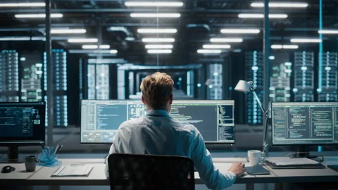 IT Specialist Working on Computer in Data Center Stock Footage 167229174