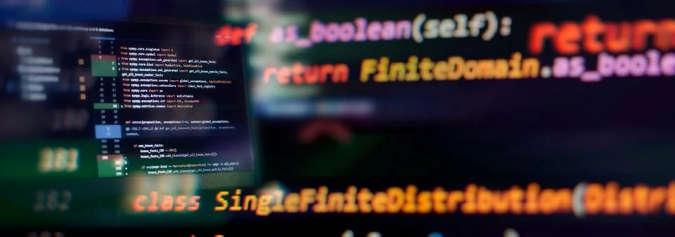 IT specialist workplace. Computer code data. Project managers work Stockfoto's