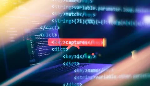 IT specialist workplace. Computer code data. Project managers work Stockfoto's