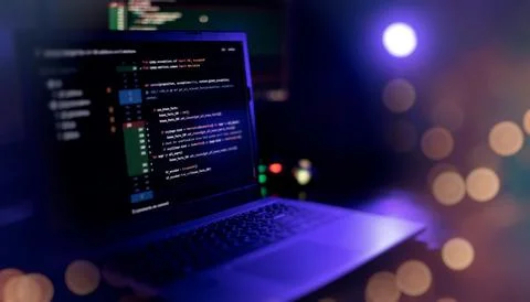 IT specialist workplace. Computer code data. Project managers work Stockfoto's