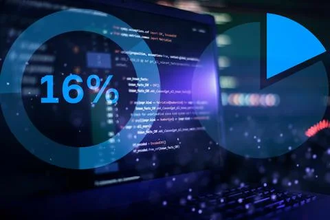 IT specialist workplace. Computer code data. Project managers work Foto stock