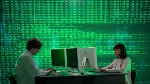 IT specialists against big digital screen. Man and woman programmers engineers Stock Footage 265573019