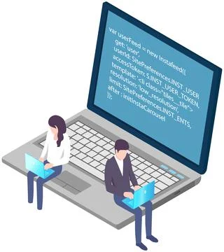 IT specialists are engaged in programming. Teamwork with coding and program code Illustration