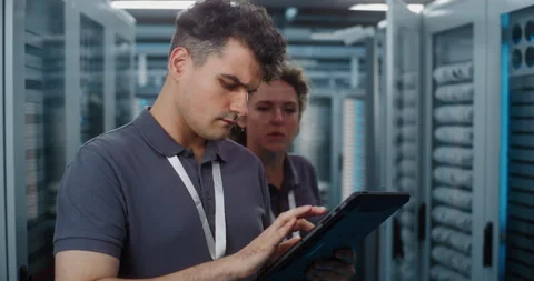 IT Specialists Conducting Server Room Maintenance in High Tech Data Center Vídeo Stock 344887917