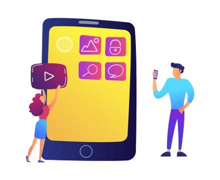 IT specialists creating mobile applications on smartphone screen vector Stock Illustration