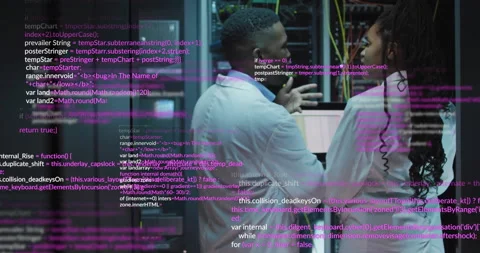 IT specialists gesturing at patch panel and adjusting cables while code overlay Stock Footage 312230070