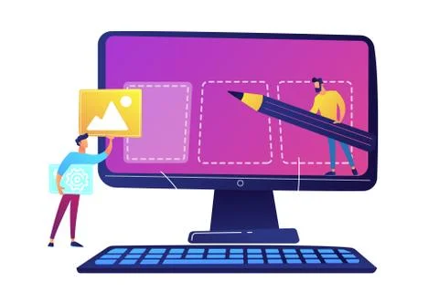 IT specialists team creating webpage on computer screen vector illustration. Stock-Illustration