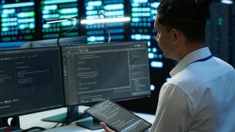 IT staff member in server hub establishing performance benchmarks Stock Photos