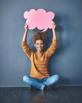 It started out as an idea. Studio shot of a young woman holding a thought bubble Stock Photos