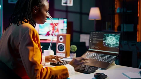 IT student works with artificial intelligence brain system on laptop Stock Footage 265193957