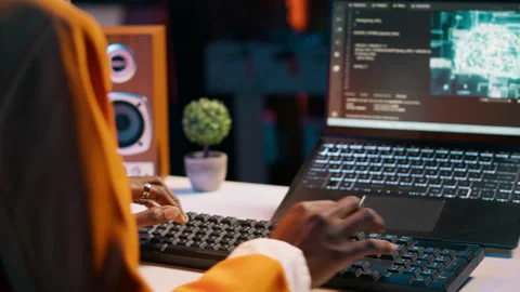 IT student works with artificial intelligence brain system on laptop Stock Footage 265195461