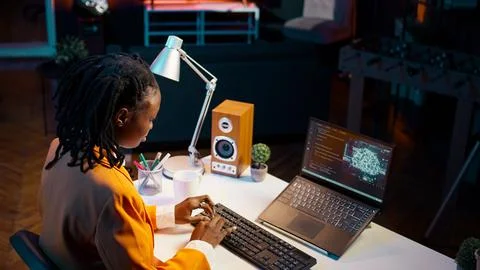 IT student works with artificial intelligence brain system on laptop Foto stock