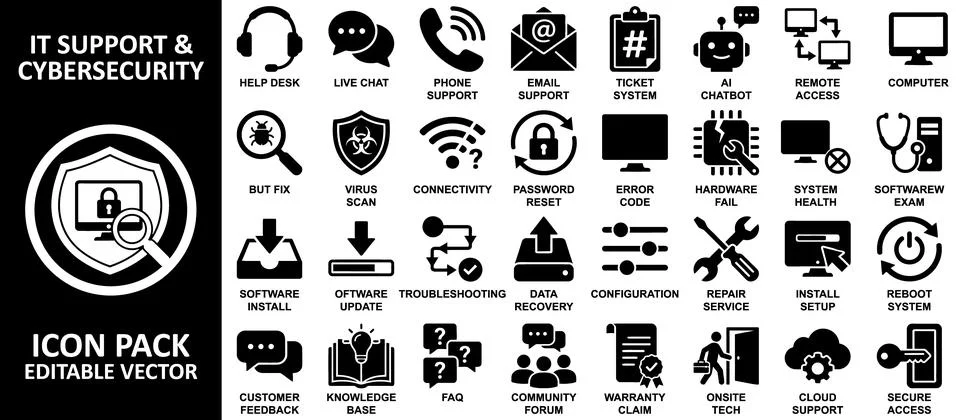 IT Support and Cybersecurity Editable Vector Icon Pack Stock Illustration