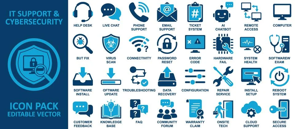 IT support and cybersecurity icon pack with editable vector graphics 스톡 일러스트