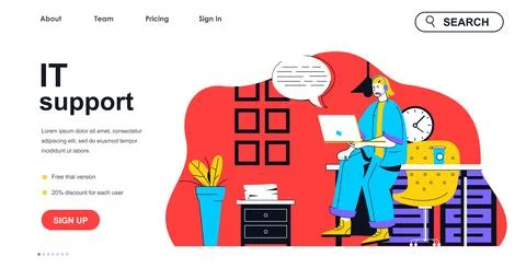 IT support concept for landing page template. Woman operator solves problems  스톡 일러스트
