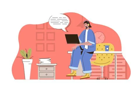 IT support concept. Woman operator solves issues of software users situation Stock Illustration