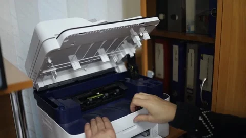 IT Support Copier Maintenance In Office Removing And Changing Toner Tube Stock Footage 165902724
