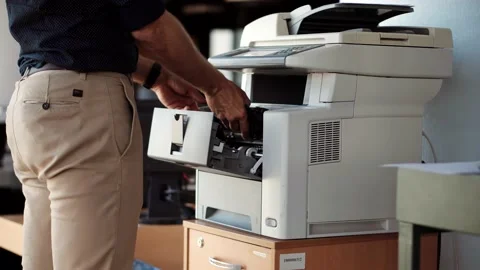 IT Support Copier Maintenance.Helpdesk Replace Cartridge In Printer Toner Stock Footage 132239203