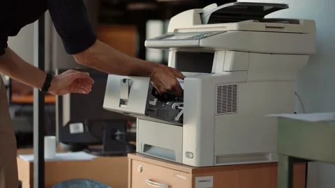 IT Support Copier Maintenance.Helpdesk Replace Cartridge In Printer Toner Stock Footage 132241574
