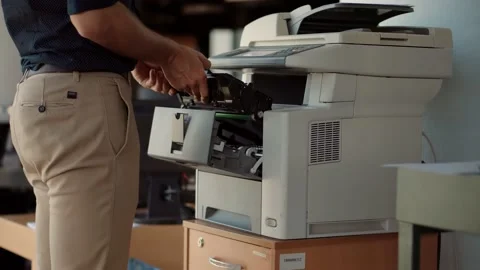 IT Support Copier Maintenance.Helpdesk Replace Cartridge In Printer Toner Stock Footage 132241576