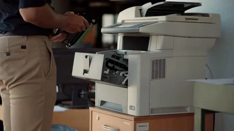 IT Support Copier Maintenance.Helpdesk Replace Cartridge In Printer Toner Stock Footage 132241655