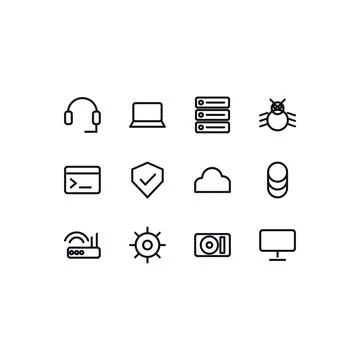 IT Support Icon Set 12 Black White Line Icons Editable Stroke Vector Stock Illustration