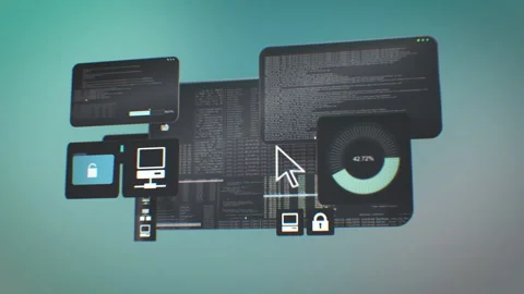 IT support interface of programmer works with different windows on binary code Stock Footage 262455139