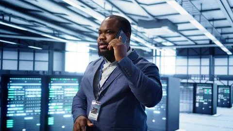IT support worker in data center talking in phone call, doing yearly checkup Stock Photos