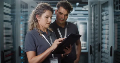 IT Team Conducting Server Room Audit with Digital Tablet Vídeo Stock 344889639