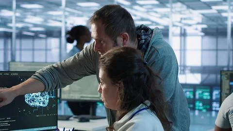 IT team members programming scripts on computer, employing AI machine learning 写真素材