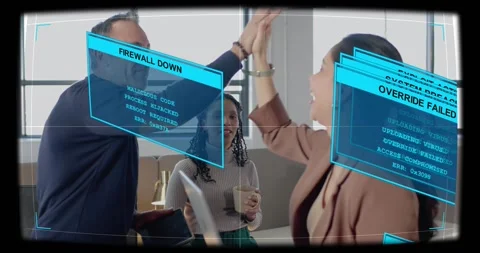 IT team in office responding to HUD alerts overlaying, tapping tablet holding Stock Footage 330934019