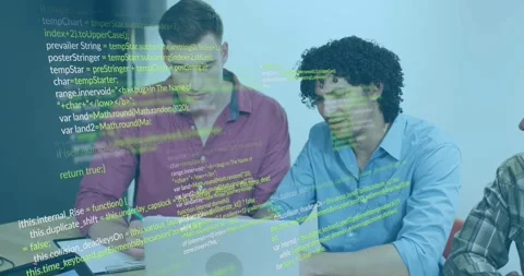 IT team opening laptop and pointing at code while green pen writing debug notes Stock Footage 317600174