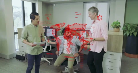 IT team reacting to hacking overlay, handing documents and analyzing phone data Stock Footage 314905996