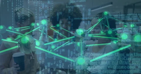 IT team reviewing laptop code, initiating green overlay and analyzing streams Stock Footage 312041461