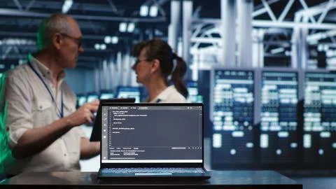 IT team running code in data center Stockfoto's