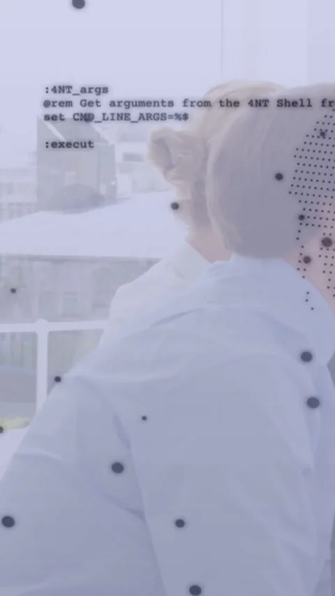 IT team shifting right overlaying dotted map code covering faces focusing person 스톡 동영상 331739398