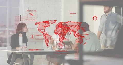 IT team using devices red overlay animating then glitching SYSTEM HACKED typing Stock Footage 318499033