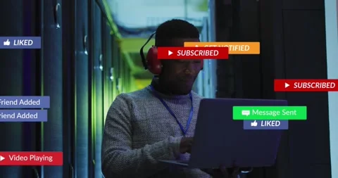 IT tech checking racks, typing laptop while SUBSCRIBE UI sliding badges piling Stock Footage 331757003