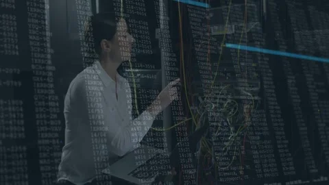 IT tech diagnosing via laptop, adjusting cables in rack, code overlays and blue Stock Footage 332936729