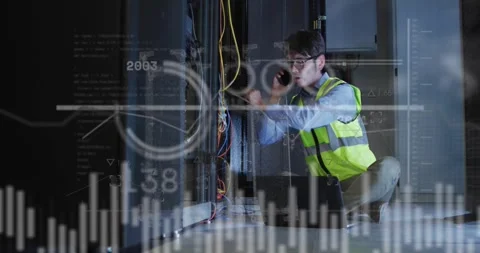 IT tech kneeling at racks handling cables while fixing, taking call, checking Vidéo 331713393