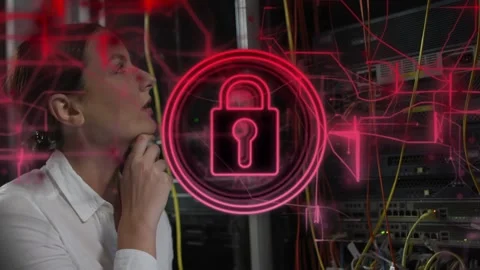 IT tech responding to red padlock alert, inspecting and replugging patch cables, Stock Footage 332566565