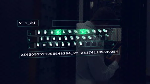 IT tech testing patch cables with tester at racks initiating overlay with 스톡 동영상 309894217