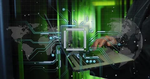 IT tech typing on laptop, starting chip animation over laptop and map, expanding Stock Footage 333830553