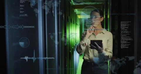 IT tech walking server aisle using tablet activating HUD overlays on racks Stock Footage 331235495