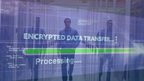 IT tech walking server aisle, nearing lens and initiating encrypted transfer Stock Footage 335282690