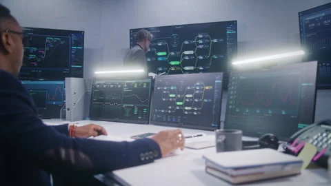 IT technical specialist sits in front of computer with data server in monitoring Stock Footage 244407974