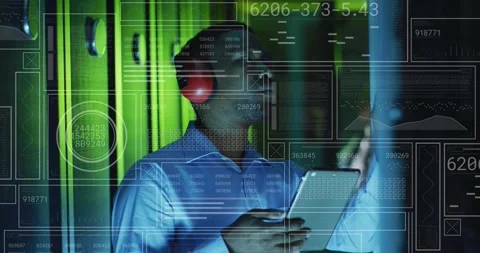 IT technician checking tablet in data center aisle HUD graphics aligning with Stock Footage 334185186
