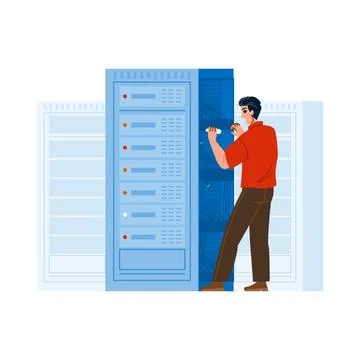 It technician doing network maintenance in server room 스톡 일러스트